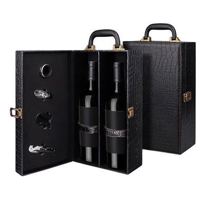 Andere cadeau handwerk opslag Lederen wijndoos en handvaten enkele fles herbruikbaar cadeau doos krokodil graan pu leer dubbele fles 750 ml rode wijn doos