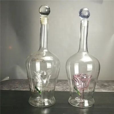 750 ml handgemaakte geblazen glazen wijnflessen met een unieke versierde rozenbloemvorm